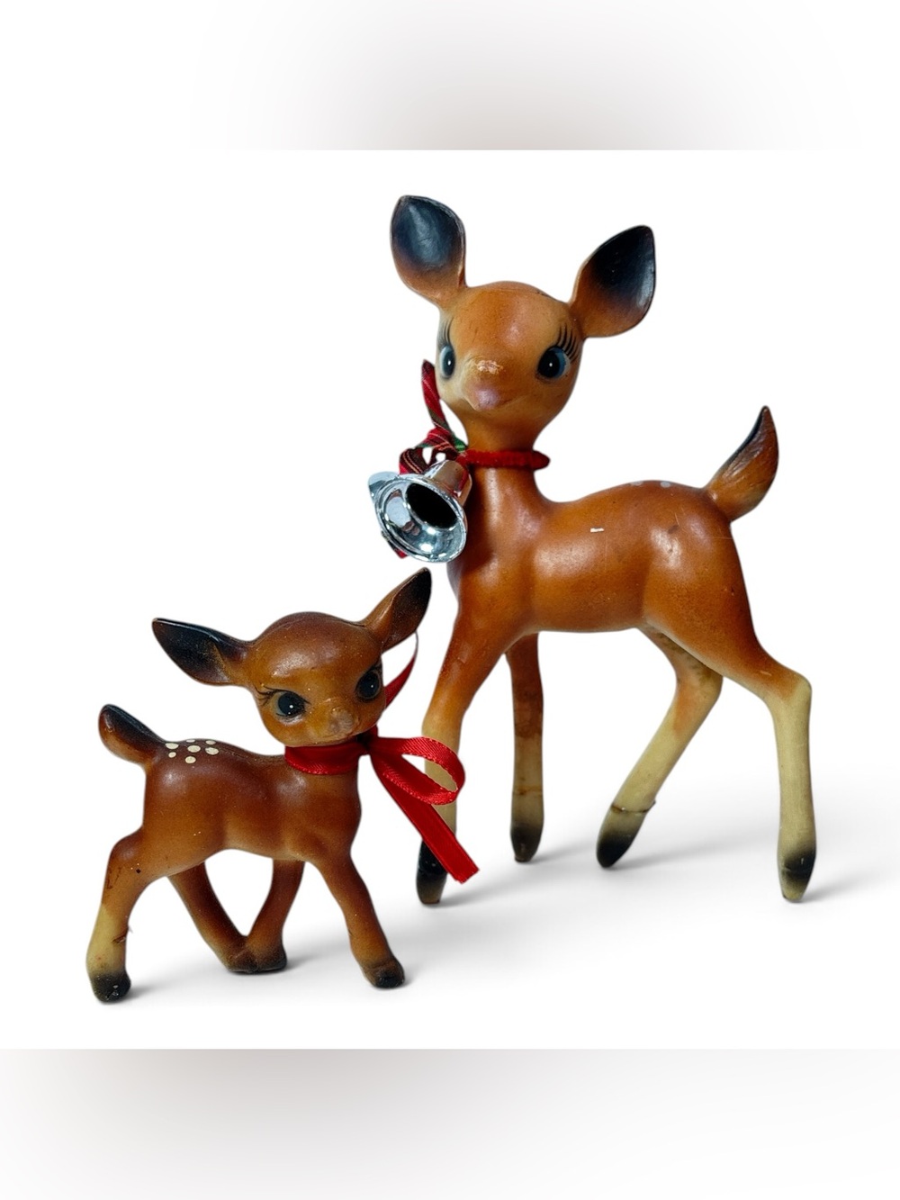 Vintage Christmas Hard Plastic Reindeer Deer Doe & Fawn Set Figurine Silver Bell